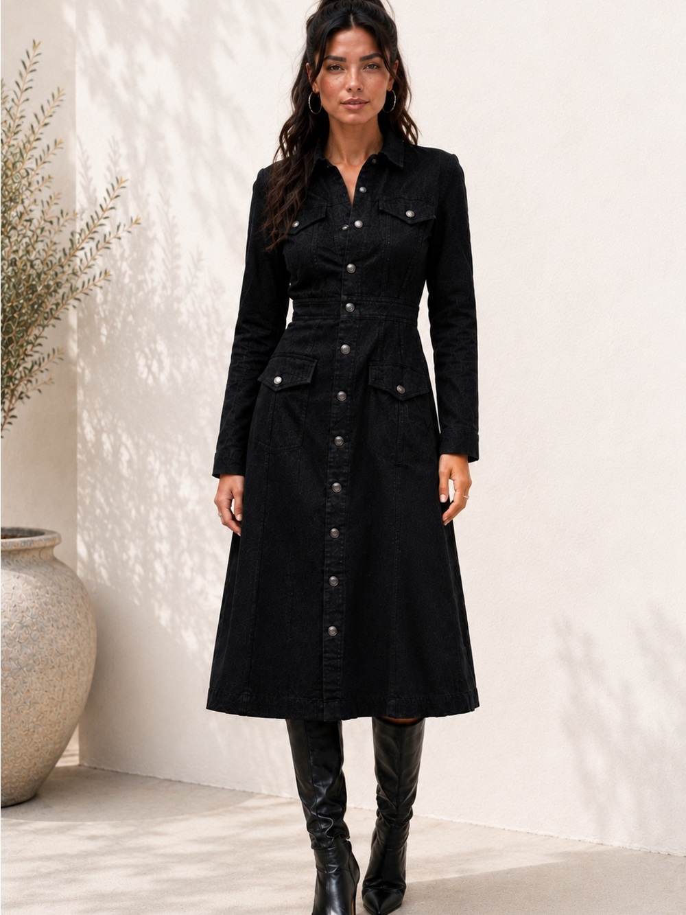 Reformation Black Long-Sleeve Button Denim Midi Dress Witchy Fall Whimsigoth